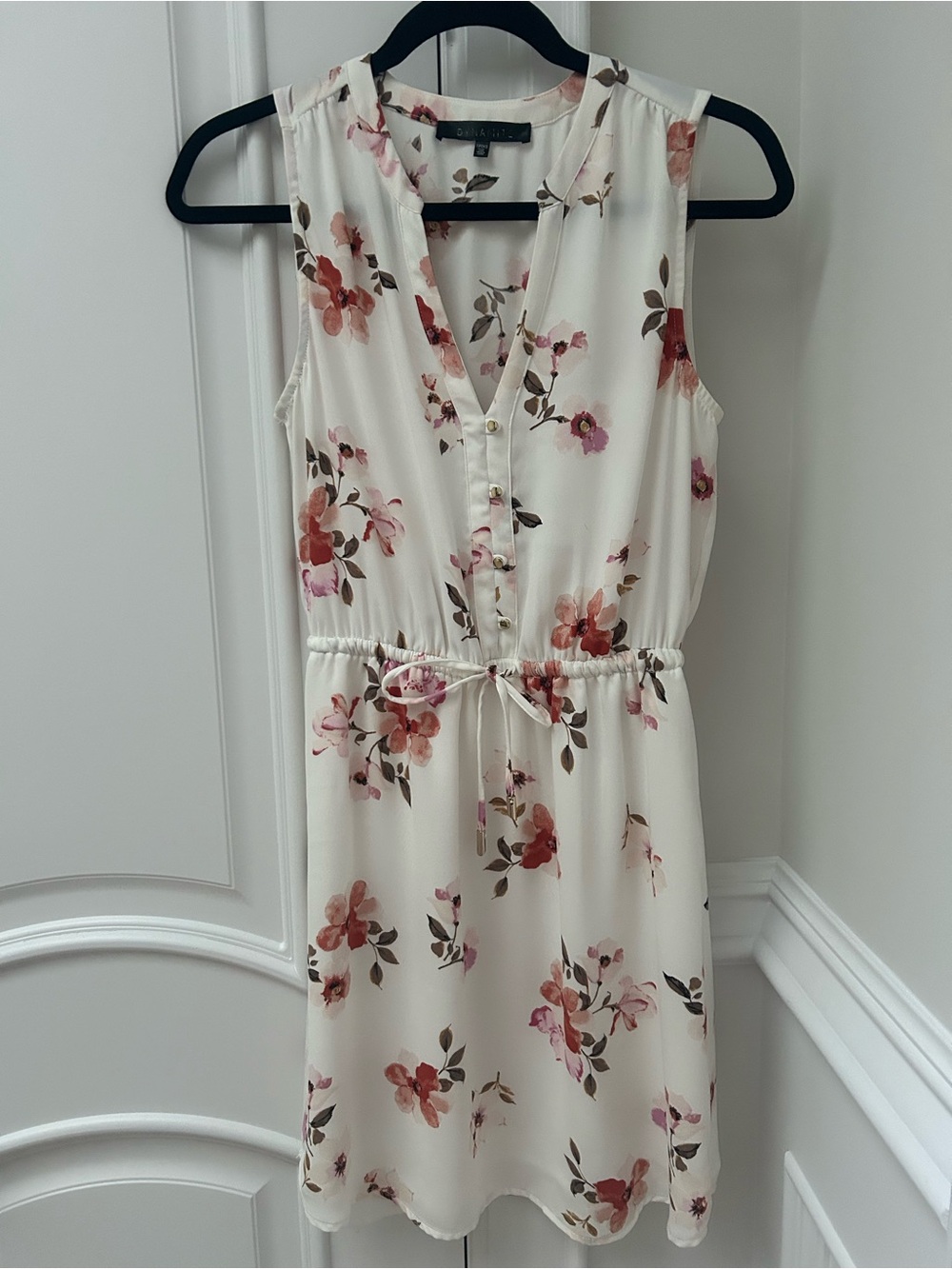 Floral Sleeveless Drawstring Waist Dress - White with Pink & Coral Flowers